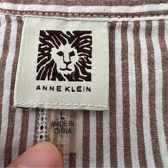 Anne Klein Womens Shirt Blouse Large Brown White Button Front Stripe Tie Sleeve - Picture 8 of 12